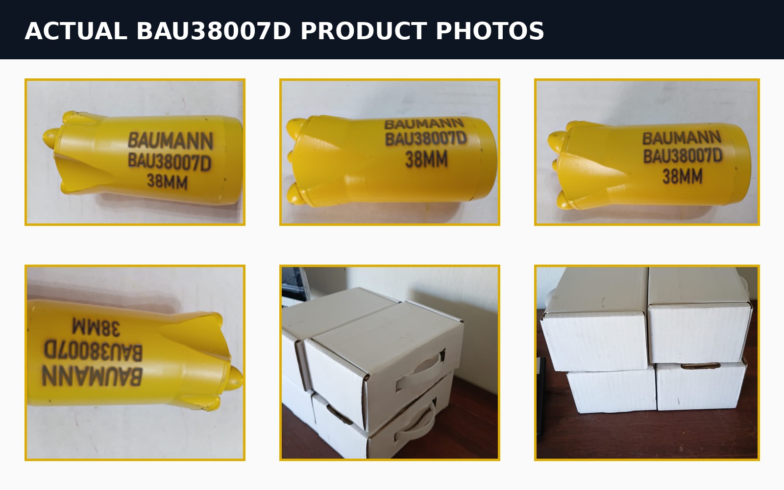 Six supplied photographs showing yellow BAUMANN BAU38007D 38 mm drill bits and white cartons