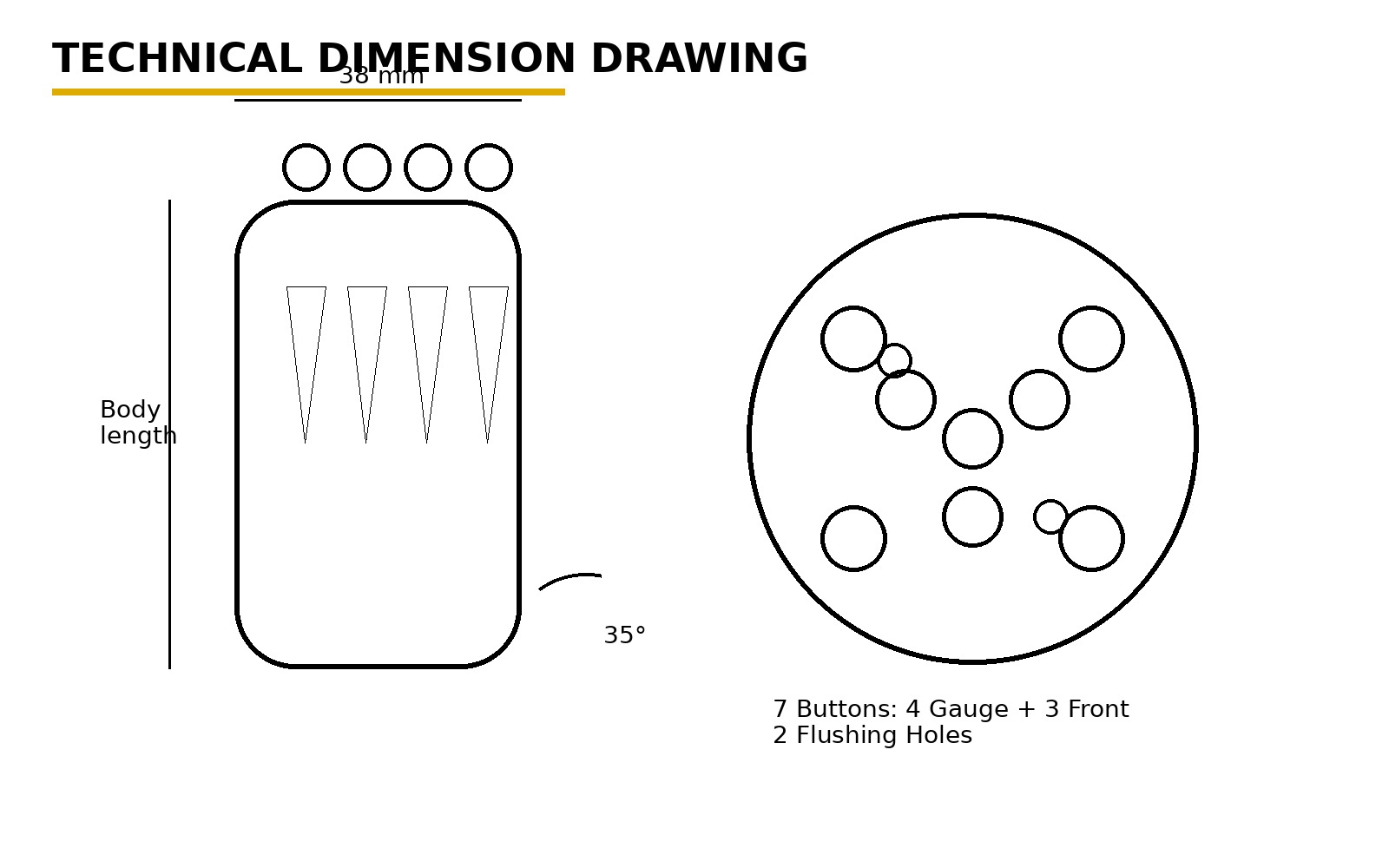 Reference dimension drawing showing a 38 mm bit, 35-degree gauge angle, seven buttons and two flushing holes