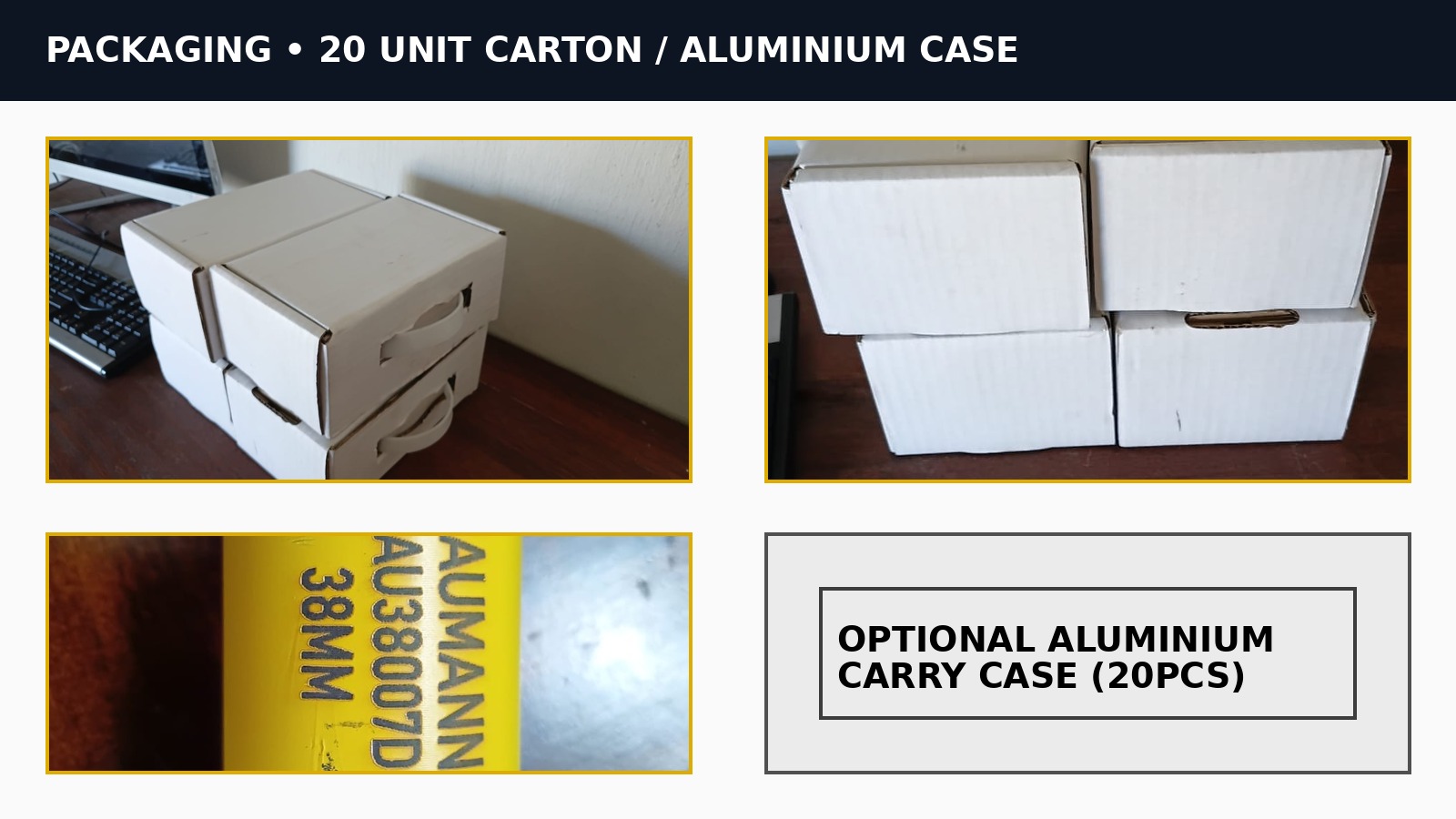 Supplied packaging photographs showing master cartons, BAU38007D 38 mm marking, and the optional 20-piece aluminium carry case description